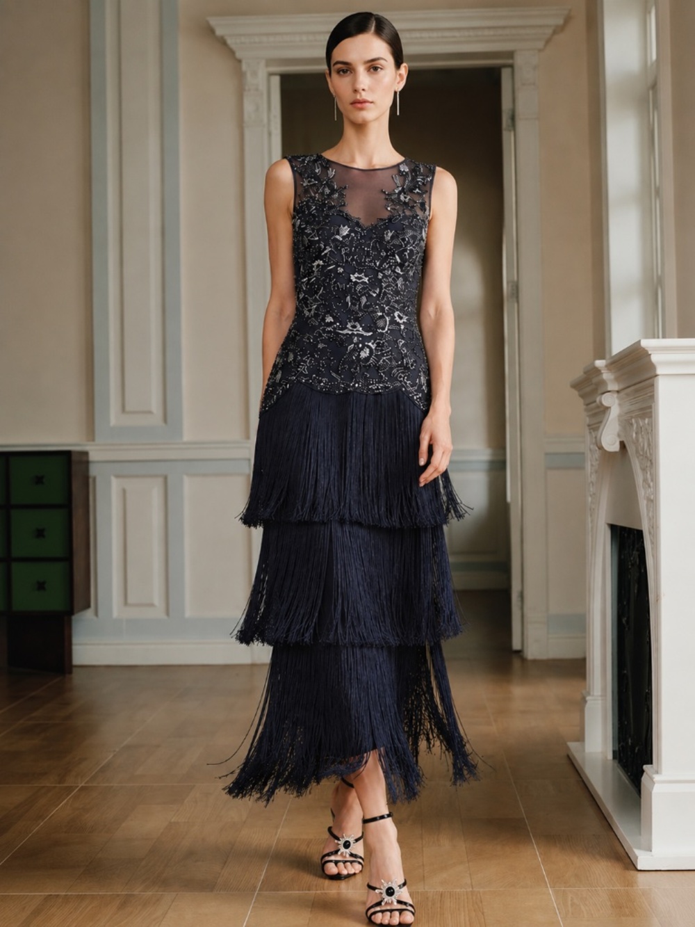 Aidan Mattox Navy‎ Blue Beaded Fringe Gown Dress Size 2 Gatsby Formal